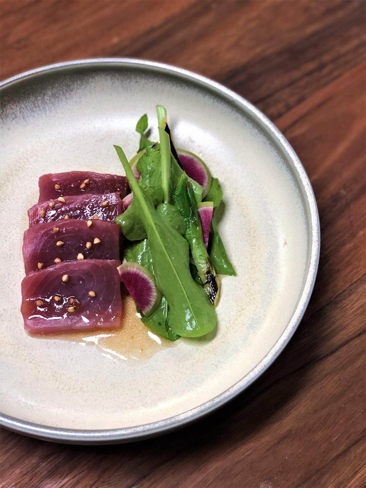 Recipe Kombu cured yellowfin tuna with yuzu koshu dressing and toasted