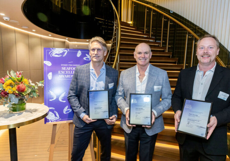 L-R: Adam Whan, David Ellis and Craig Hansen at the 2024 Sydney Fish Market Seafood Excellence Awards.